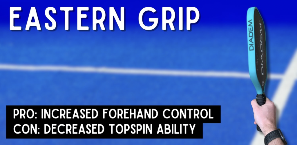 Picture shows how to hold the Eastern Grip of a Pickleball Paddle.