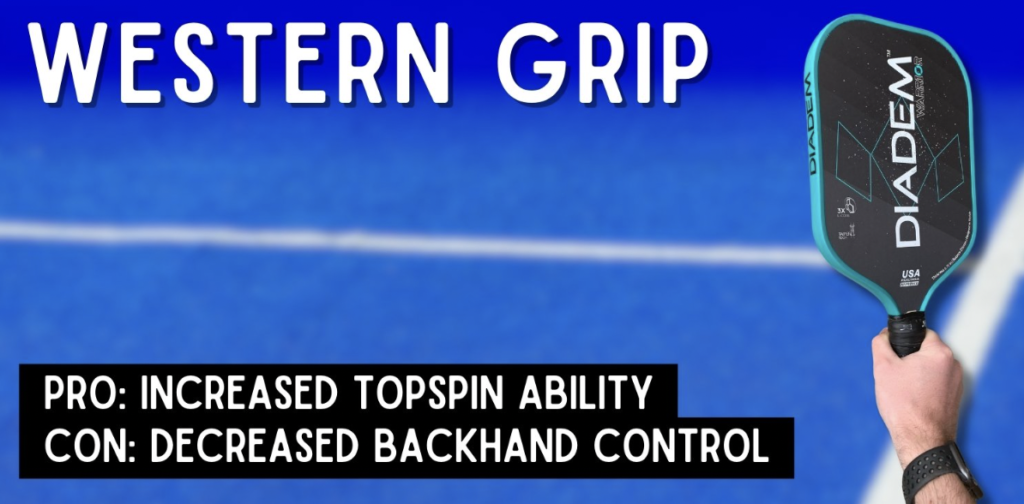 Picture shows how to hold the Western Grip of a Pickleball Paddle.