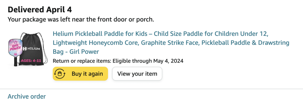 Picture of helium pickleball paddle via Amazon