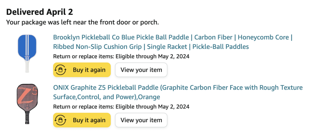 Picture of 2 pickleball paddle via Amazon