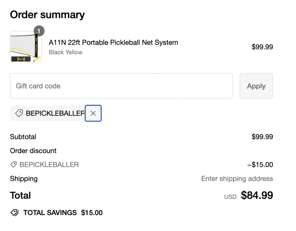 Picture of discount code used for the A11N Sports Pickleball Portable net