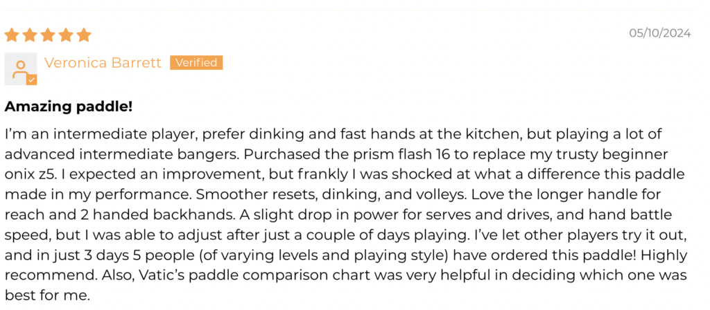User's review when comparing Vatic Pro to previous Onix z5 graphite pickleball paddle