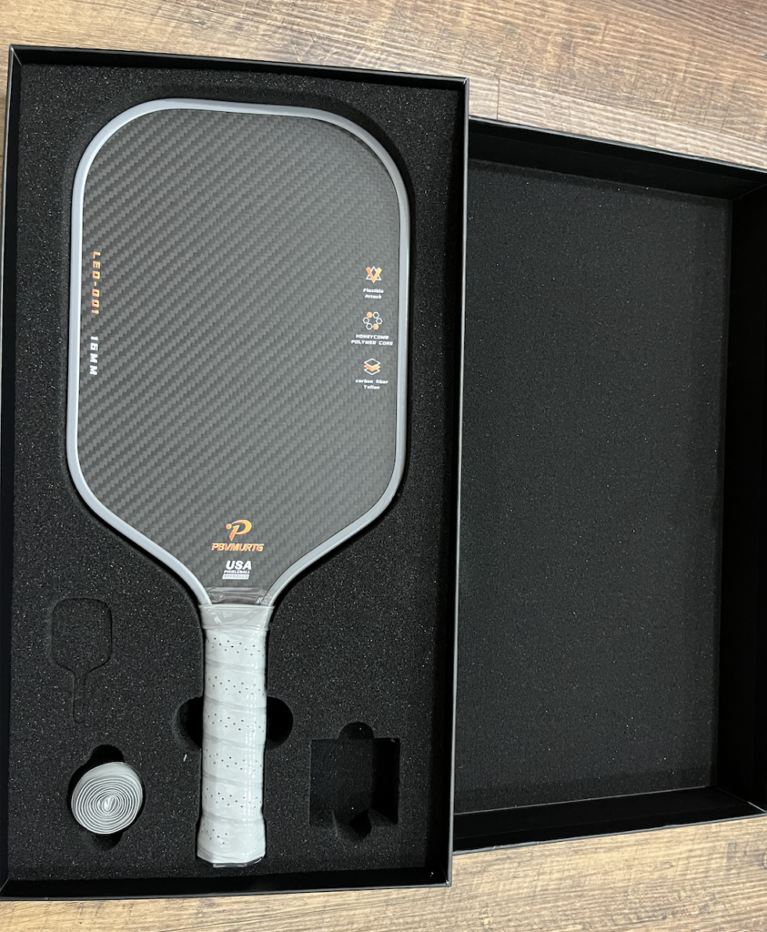 Picture of the PBVMURTG pickleball paddle box with the paddle