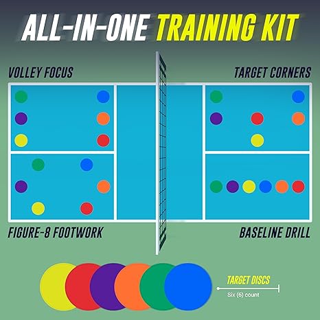 Pickleball training equipment that are discs that you place to help footwork and ball placements.