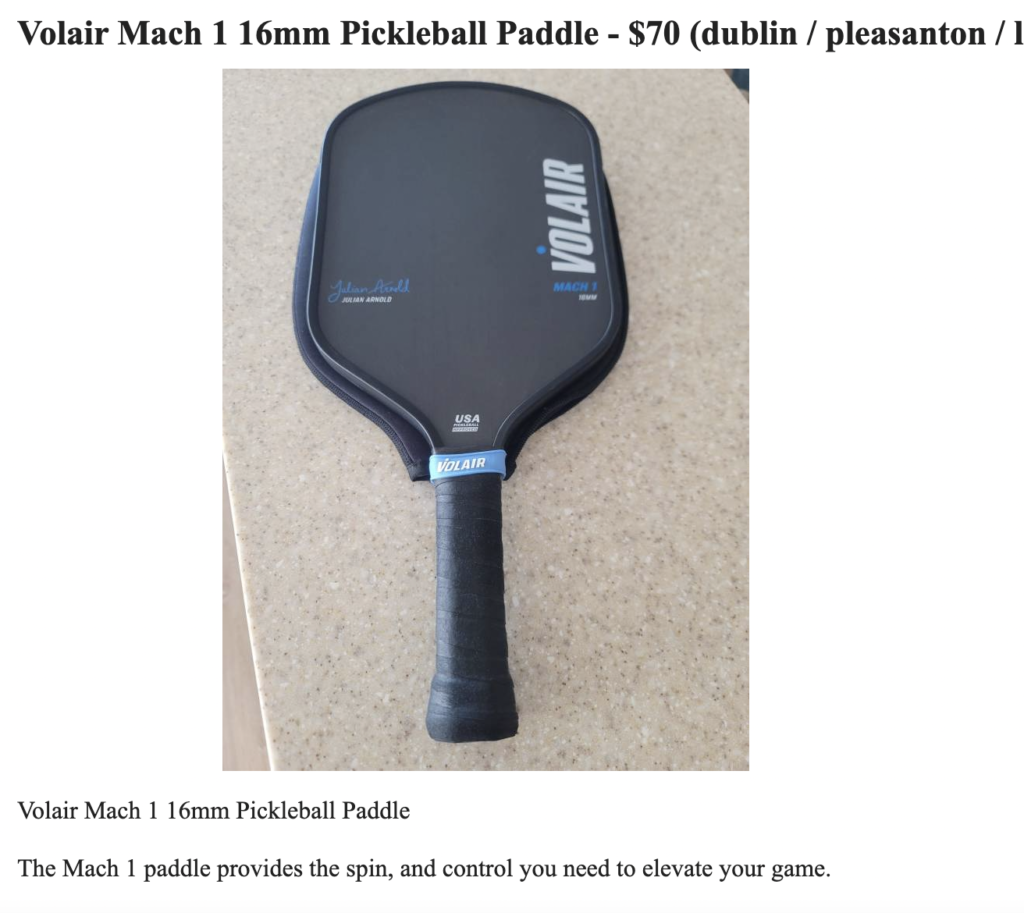 Picture of used pickleball paddle on Craigslist