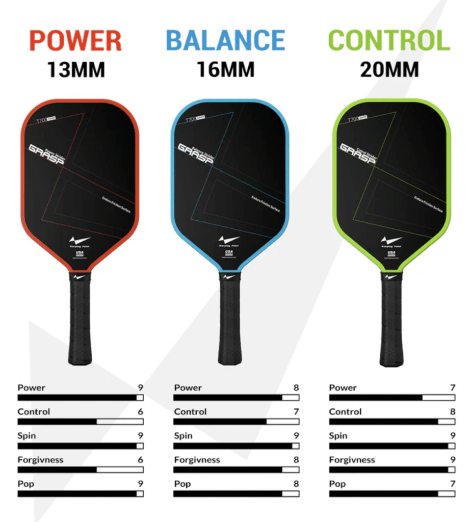 Picture of the different Warping Point grasp pickleball paddles.