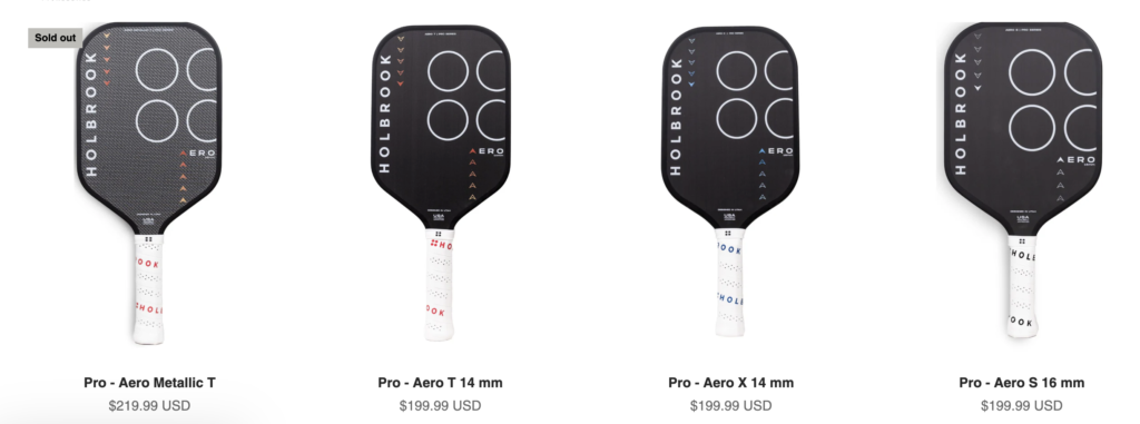 Picture of the 4 different Aero T pickleball paddles