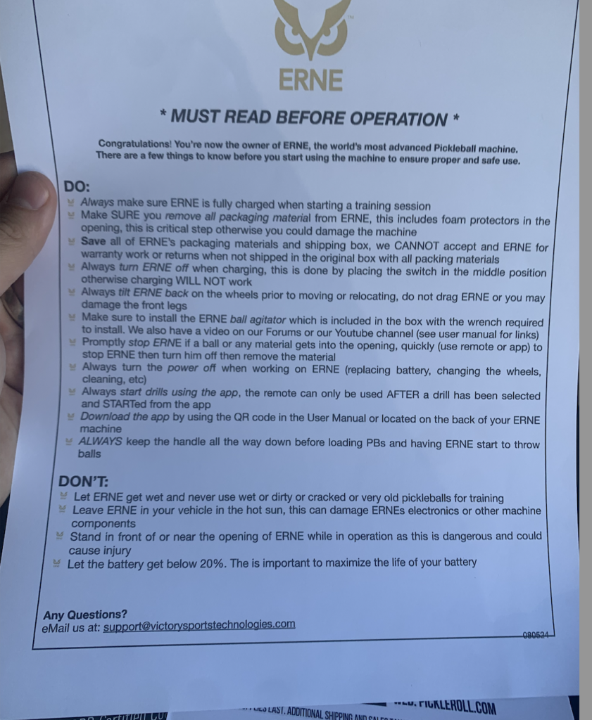 Picture of the Erne operations instructions do's and don't's.