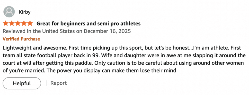 Picture of a 5 star Amazon review for the Doctor Pickleball Surgical pickleball paddle.