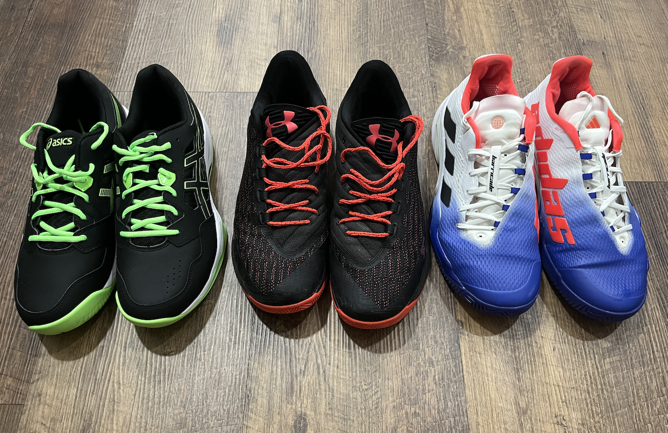 Picture of different best pickleball shoes and basketball shoes used for pickleball.