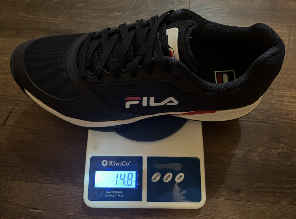 Picture of the Fila pickleball shoes on the scale.