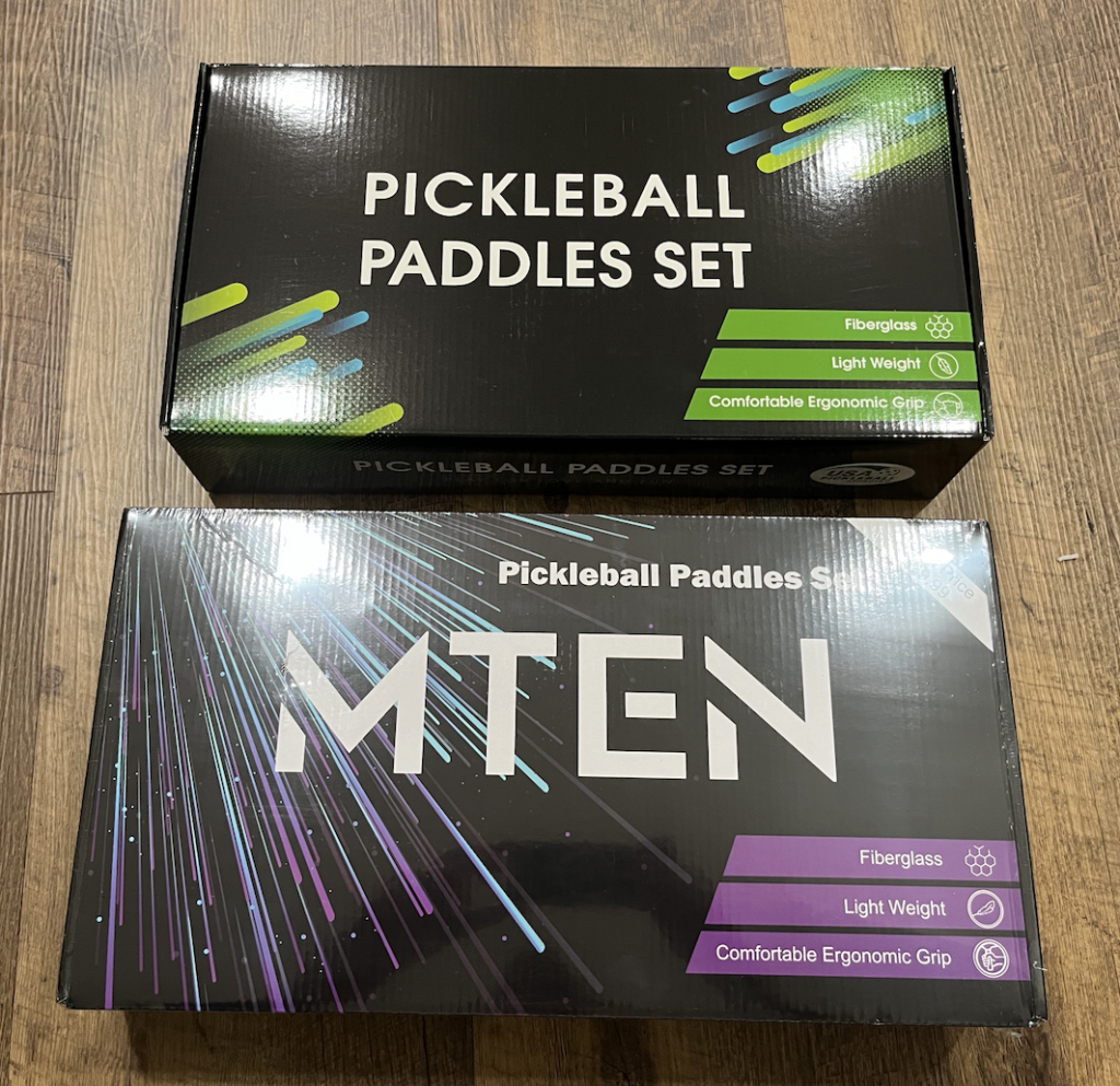 Picture of the front of the MTEN pickleball paddle set box