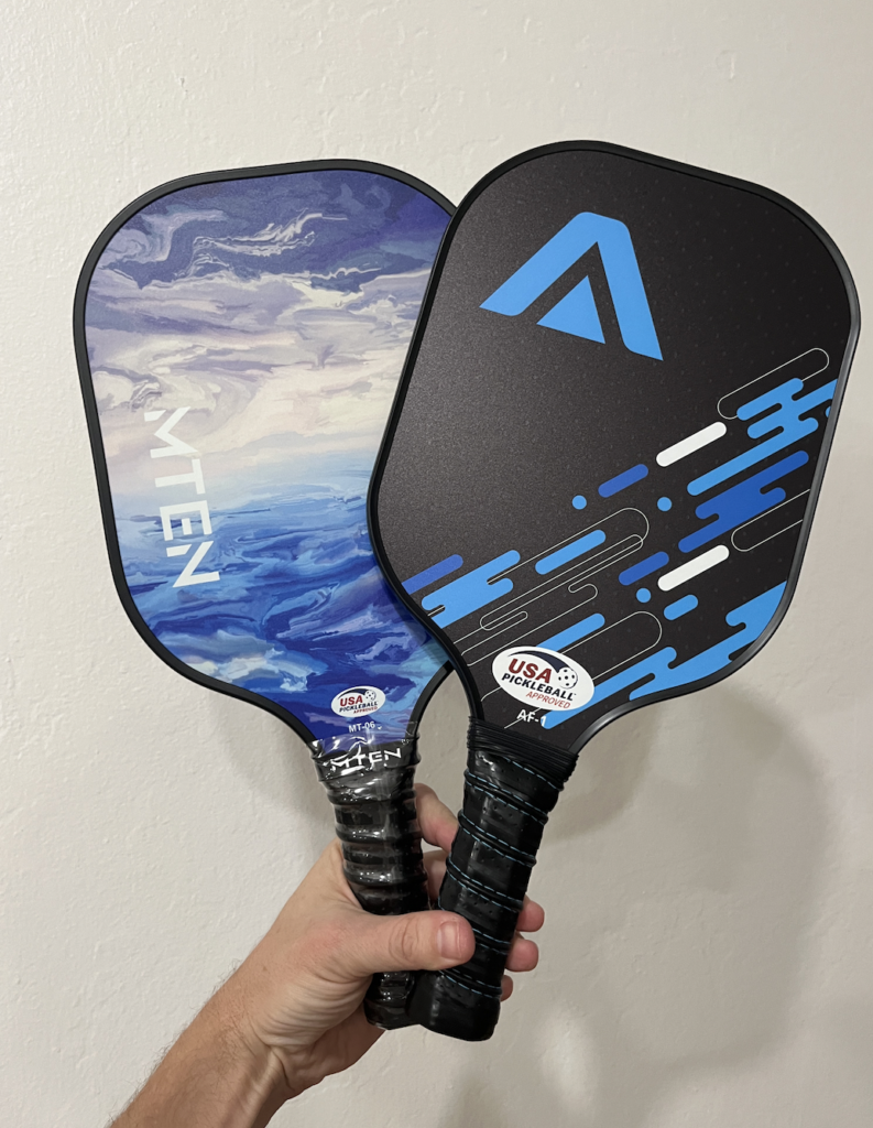 Picture of the MTEN pickleball paddle compared to the Voice PTT pickleball paddle