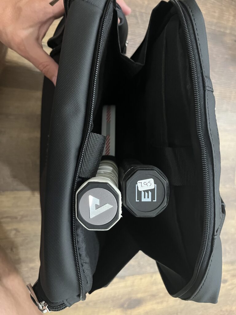 Picture showing difficulty getting the pickleball paddles into the Azori pickleball bag.