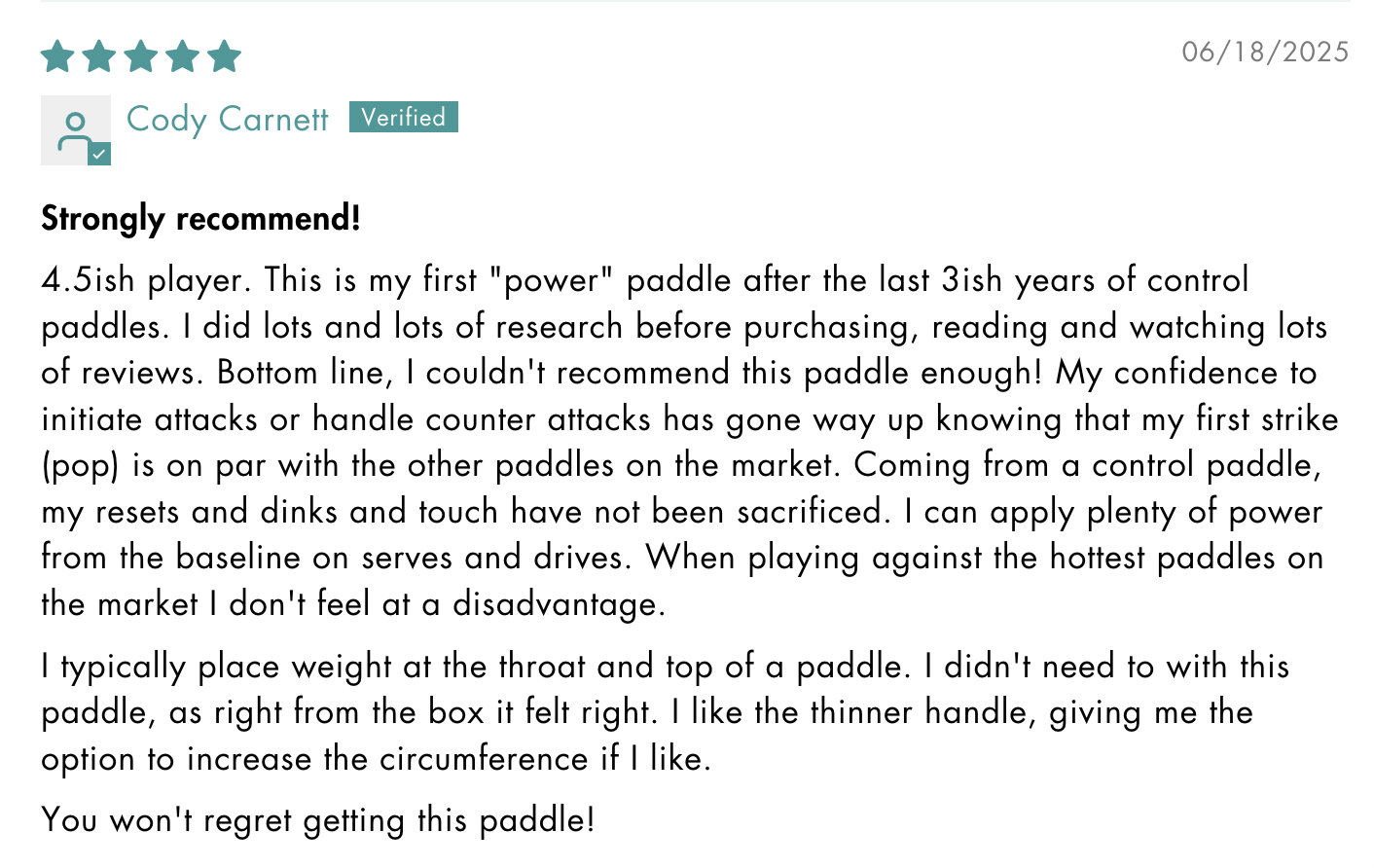 Picture of a 5 star review for the 11six24 pickleball paddle.