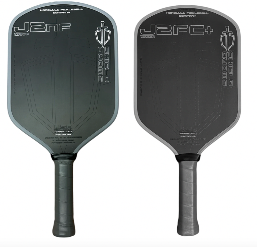 J2NF paddle next to the J2FC+ pickleball paddle.