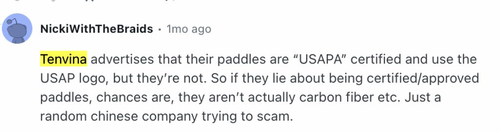 Picture showing Tenvina pickleball paddle review questioning Tenvina's ethics.