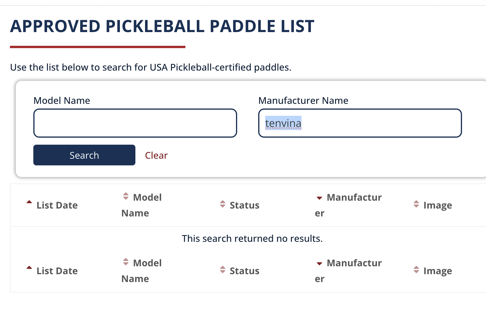 Picture of USAPA showing Tenvina pickleball paddle is not listed.