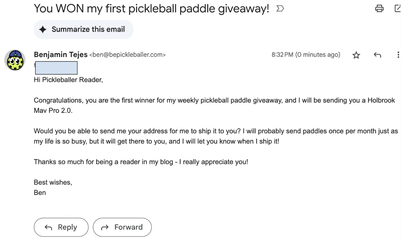 Picture of pickleball paddle winner email