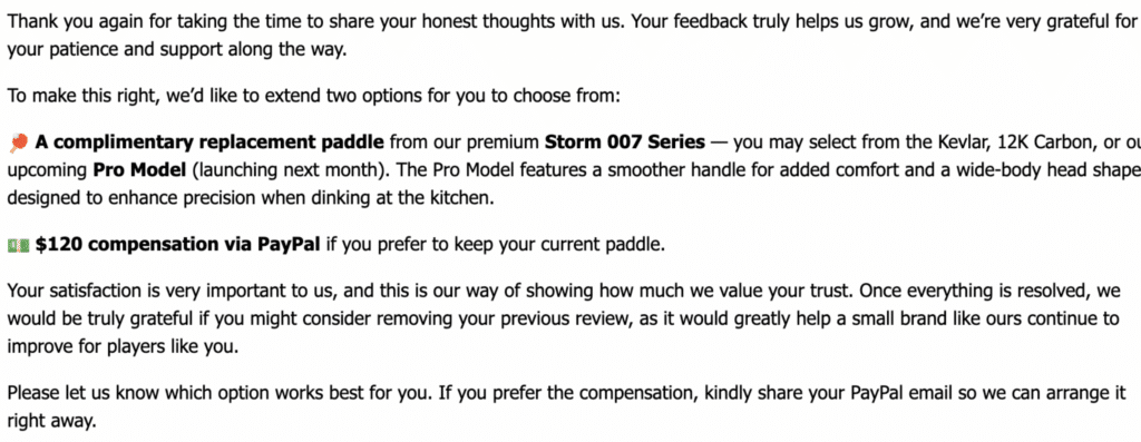 YVmove pickleball asking me to remove my review for up to $120 in compensation.