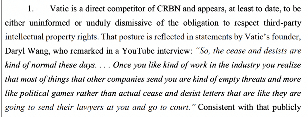 Picture of the YouTube mention in the CRBN vs Vatic Pro lawsuit.