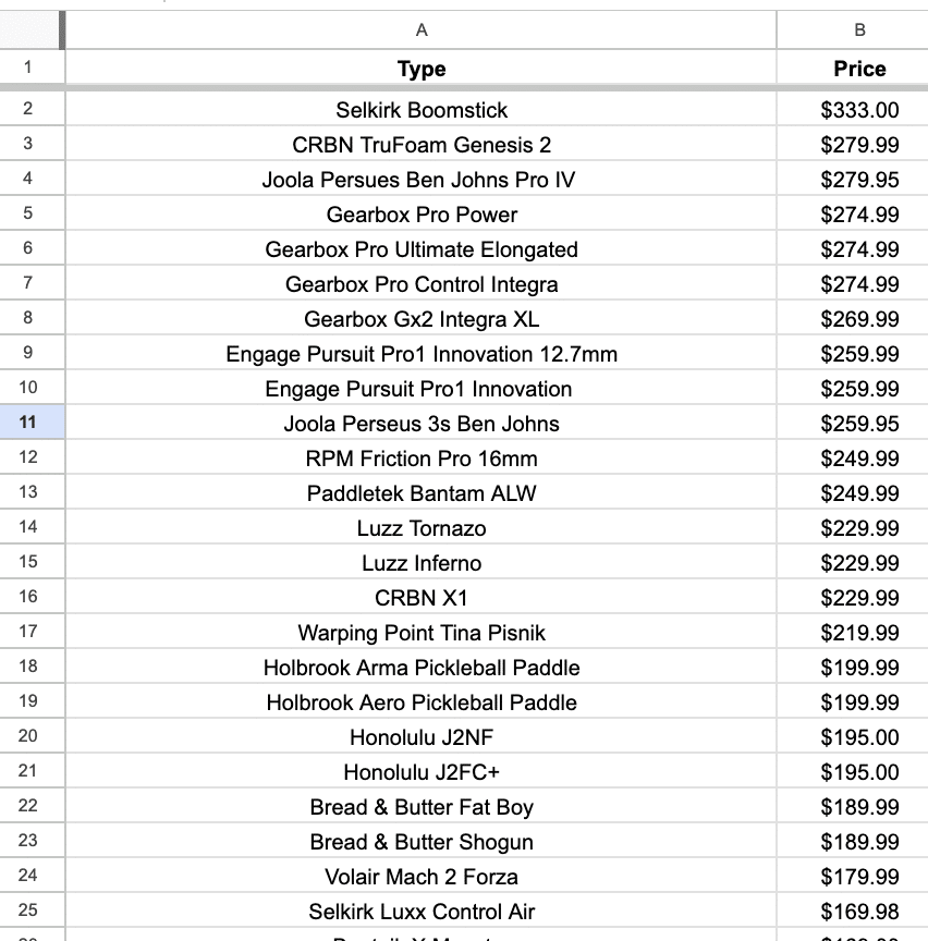 Picture of the partial list of pickleball paddles tested to find the best pickleball paddle.
