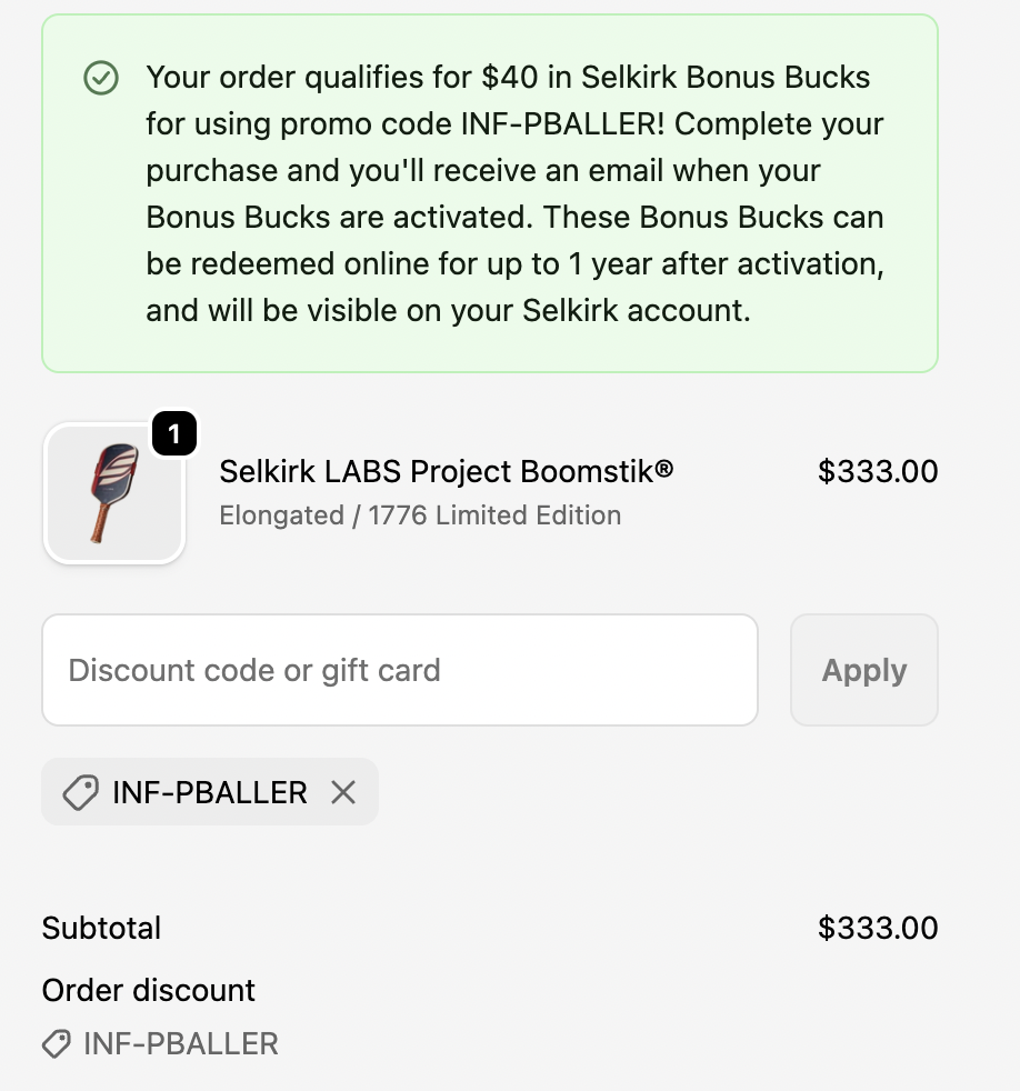 Picture showing that Selkirk Discount Code INF-PBALLER yields $40 in Bonus Bucks upon purchase of the Boomstick