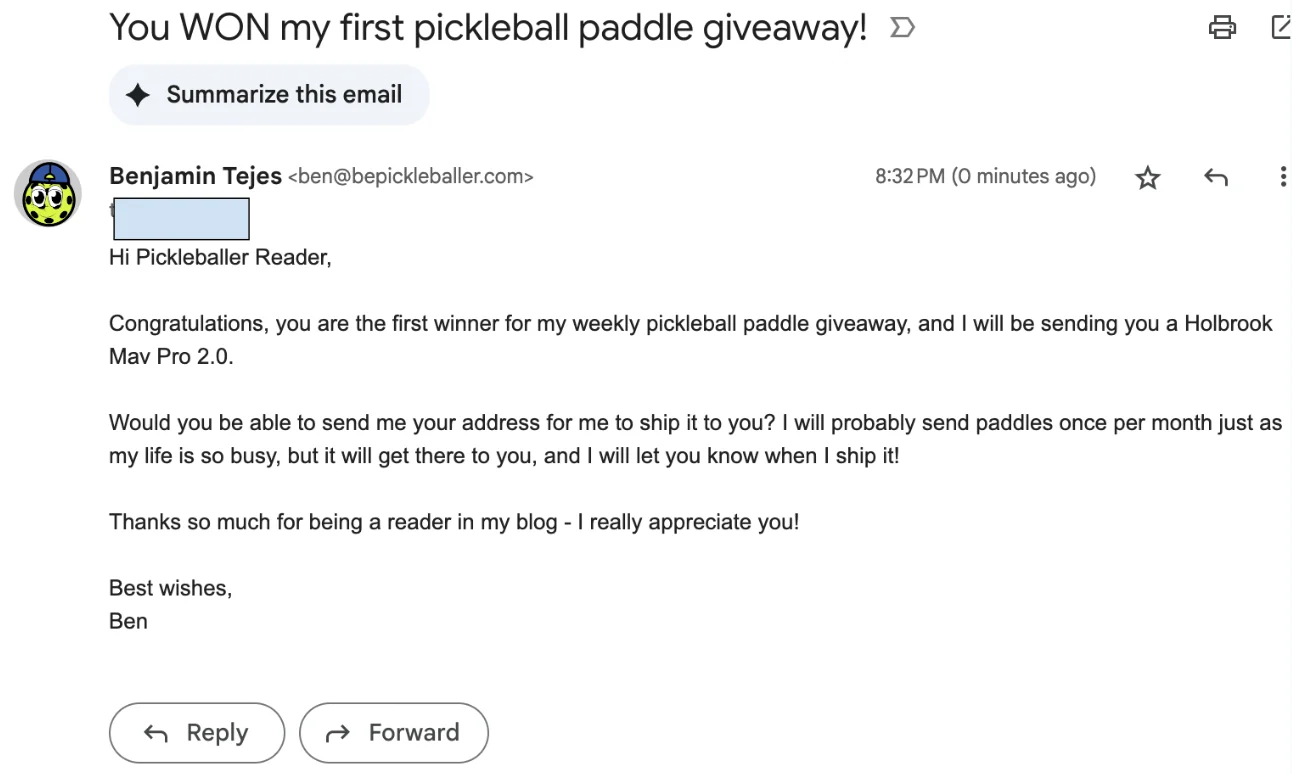 Picture of pickleball paddle winner email